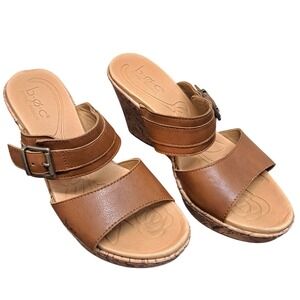 BOC Born Concept Women's Tan Leather Wedge Sandals Buckle Cork Sole Size 8M